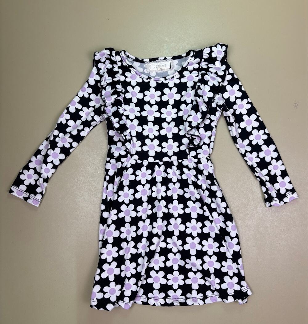 Btween Girls 4T Black White Daisy Floral Dress Lavender Ruffle Long Sleeve